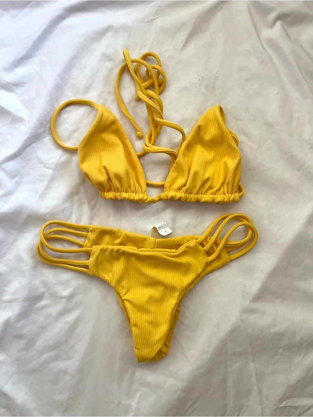 MGS Mary Grace Swim Yellow Ribbed Bikini Set - Adjustable Straps Small